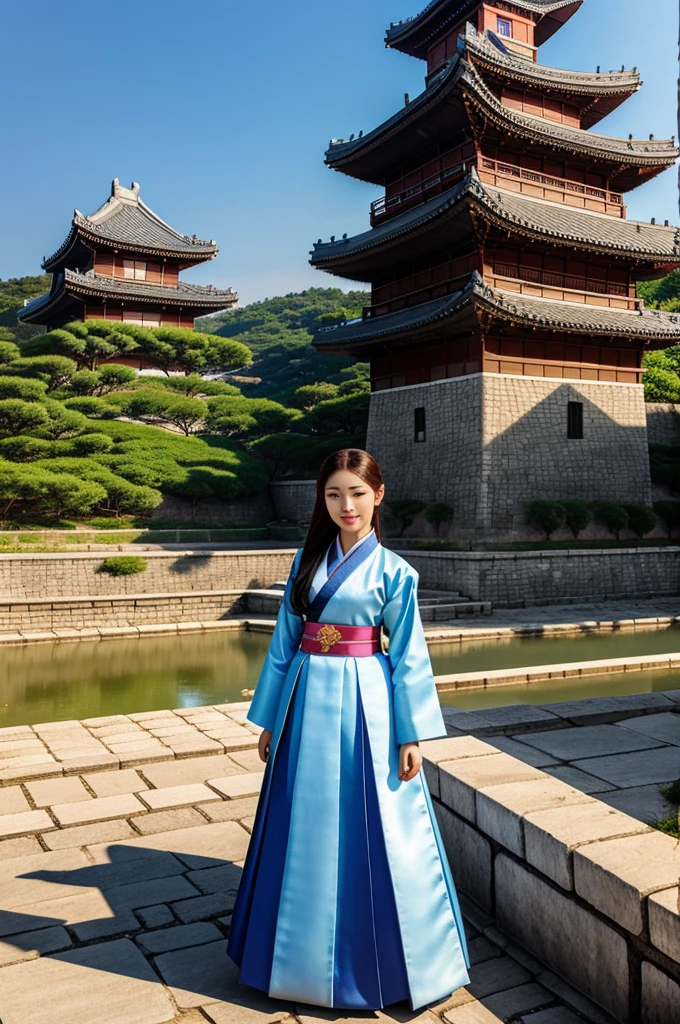 3d traditional korean castle and girls in hanbok