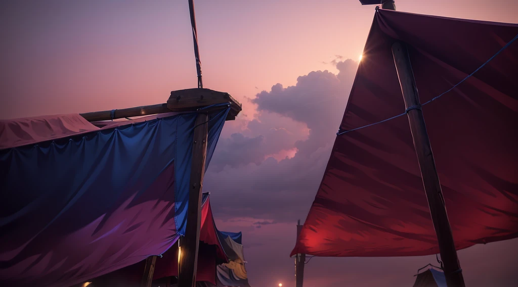 (under tarp canopy, wooden pole, under the market tents, under the canopies), wire, buildings roofs farr away, low angle, dawn sky, early morning,