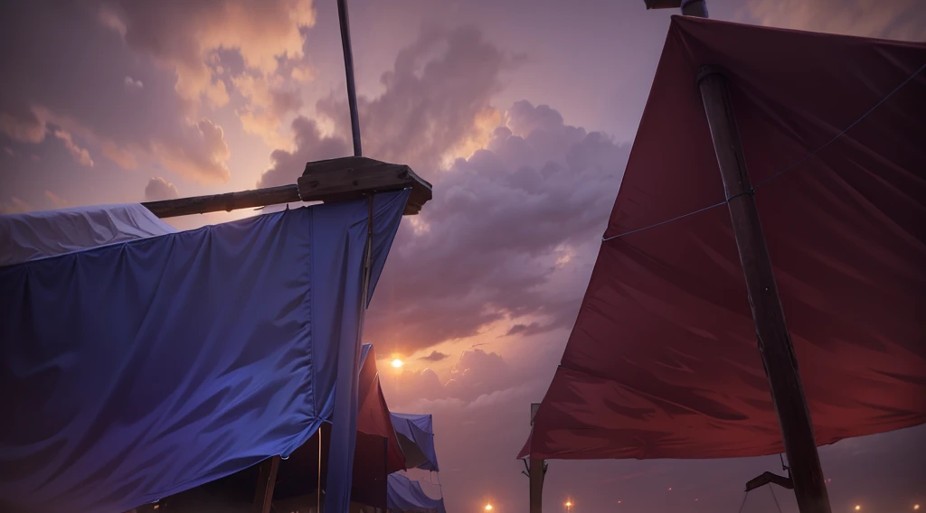 (under tarp canopy, wooden pole, under the market tents, under the canopies), wire, buildings roofs farr away, low angle, dawn sky, early morning,