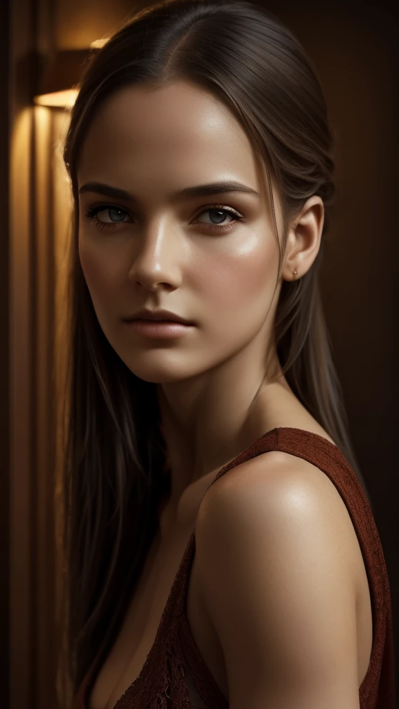 A beautiful young girl with striking features, intricate details, and a serene expression, 1girl, extremely detailed eyes, beautiful detailed lips, porcelain skin, long slender neck, delicate facial features, elegant pose, flowing hair, (best quality,4k,8k,highres,masterpiece:1.2),ultra-detailed,(realistic,photorealistic,photo-realistic:1.37),highly detailed portrait, fine art portrait, photorealistic digital painting, dramatic lighting, warm color tones, cinematic lighting, dramatic shadows, moody atmosphere