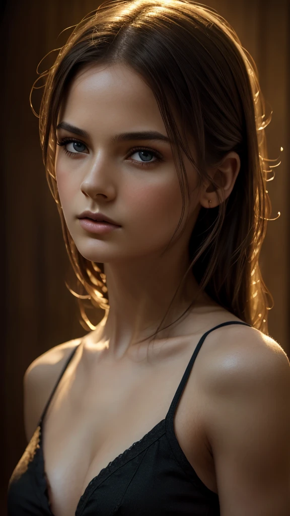 A beautiful young girl with striking features, intricate details, and a serene expression, 1girl, extremely detailed eyes, beautiful detailed lips, porcelain skin, long slender neck, delicate facial features, elegant pose, flowing hair, (best quality,4k,8k,highres,masterpiece:1.2),ultra-detailed,(realistic,photorealistic,photo-realistic:1.37),highly detailed portrait, fine art portrait, photorealistic digital painting, dramatic lighting, warm color tones, cinematic lighting, dramatic shadows, moody atmosphere