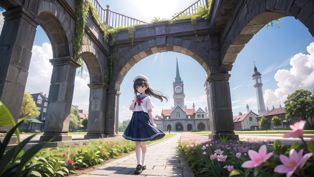 (masterpiece), town, blue sky, One Girl, smile, alone, Sailor suit、Long skirt, Overgrown, petal, plant、Skirt lining、Translucent slip、Nostalgic