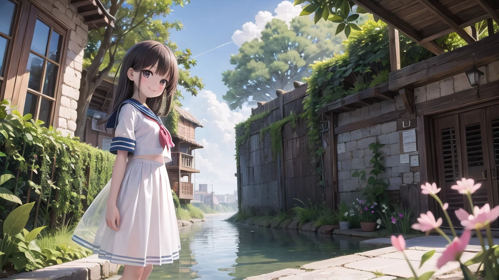 (masterpiece), town, blue sky, One Girl, smile, alone, Sailor suit、Long skirt, Overgrown, petal, plant、Skirt lining、Translucent slip、Nostalgic