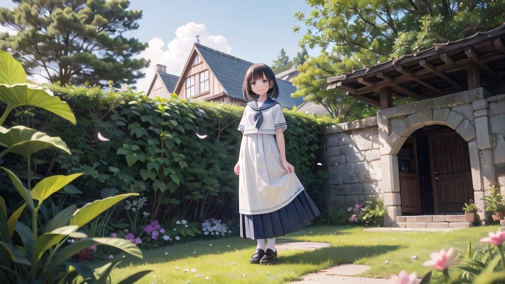 (masterpiece), town, blue sky, One Girl, smile, alone, Sailor suit、Long skirt, Overgrown, petal, plant、Skirt lining、Translucent slip、Nostalgic