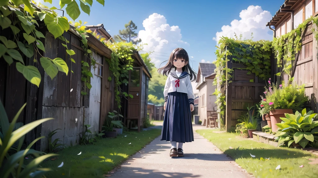 (masterpiece), town, blue sky, One Girl, smile, alone, Sailor suit、Long skirt, Overgrown, petal, plant、Skirt lining、Translucent slip、Nostalgic