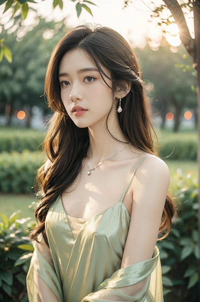 (((best quality))),(((ultra detailed))),(((masterpiece))),illustration,1 beautiful girl,solo,slim,thin,flat chest,shoulder length straight bob hair,flowing hair,fair skin,sparkling eyes,cherry red dress,delicate silver necklace,lush green grass,dewdropletts,lush trees,bird chirping,rustling leaves,brilliant sky,orange and pink,rising sun,shimmering shadows,serenity,gratitude,awe,wonders of nature,peace,contentment,magnificent world,summer,sunrise,(dawn:1.5),upper body,from front,after rain,wet,standing