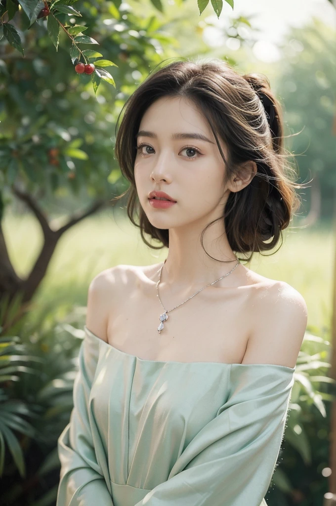 (((best quality))),(((ultra detailed))),(((masterpiece))),illustration,1 beautiful girl,solo,slim,thin,flat chest,shoulder length straight bob hair,flowing hair,fair skin,sparkling eyes,cherry red dress,delicate silver necklace,lush green grass,dewdropletts,lush trees,bird chirping,rustling leaves,brilliant sky,orange and pink,rising sun,shimmering shadows,serenity,gratitude,awe,wonders of nature,peace,contentment,magnificent world,summer,sunrise,(dawn:1.5),upper body,from front,after rain,wet,standing