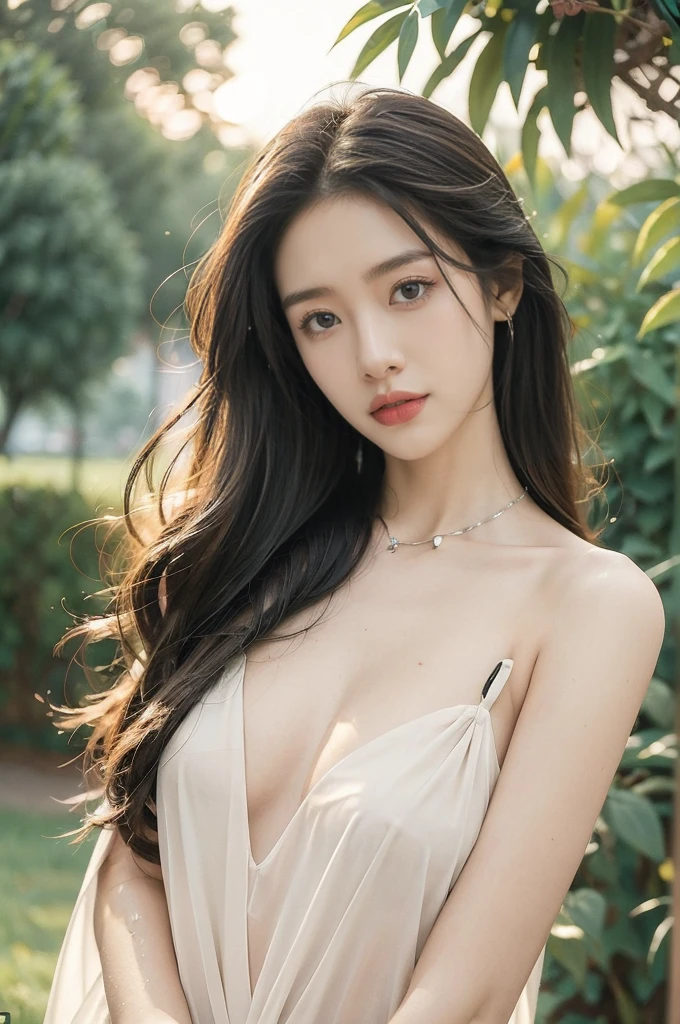 (((best quality))),(((ultra detailed))),(((masterpiece))),illustration,1 beautiful girl,solo,slim,thin,flat chest,shoulder length straight bob hair,flowing hair,fair skin,sparkling eyes,cherry red dress,delicate silver necklace,lush green grass,dewdropletts,lush trees,bird chirping,rustling leaves,brilliant sky,orange and pink,rising sun,shimmering shadows,serenity,gratitude,awe,wonders of nature,peace,contentment,magnificent world,summer,sunrise,(dawn:1.5),upper body,from front,after rain,wet,standing