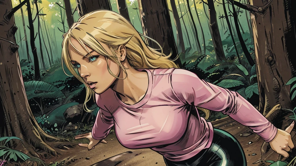 one person, sexy female blond character, green eyes, pink long-sleeve T-shirt, black leggings, fighting with monsters in forest