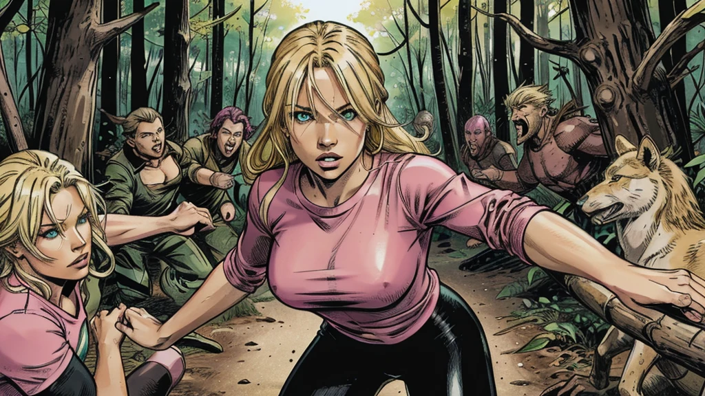 one person, sexy female blond character, green eyes, pink long-sleeve T-shirt, black leggings, fighting with monsters in forest