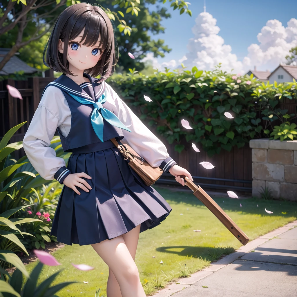 (masterpiece), town, blue sky, One Girl, smile, alone, Sailor suit、Long skirt, Overgrown, petal, plant、Skirt lining、Translucent slip、Nostalgic