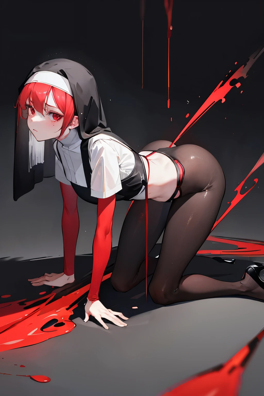 underdressing,High heel,Expression of disgust,Red Eyes,Sweat,Soaked,liquid,transparent,Cropped tops,nun,stocking,Black pantyhose,Crawling on all fours