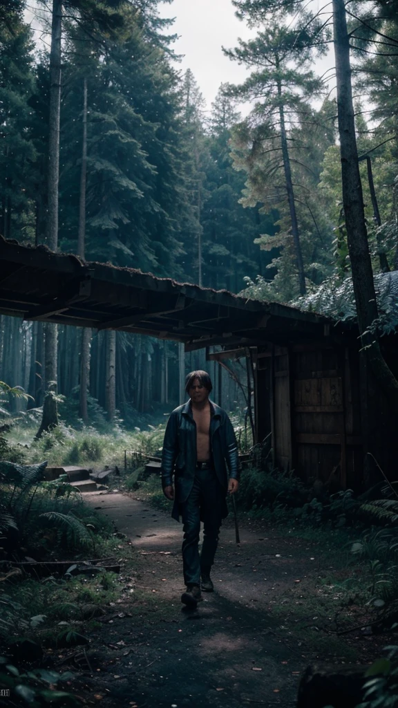 Devastated and feeling hopeless, Kai left the island and wandered into the nearby forest, 4k realistic imagery, blue scenery like a movie scene, old american setting, inspired by blade runner movie scene, blue tone, 9:16 aspect ratio