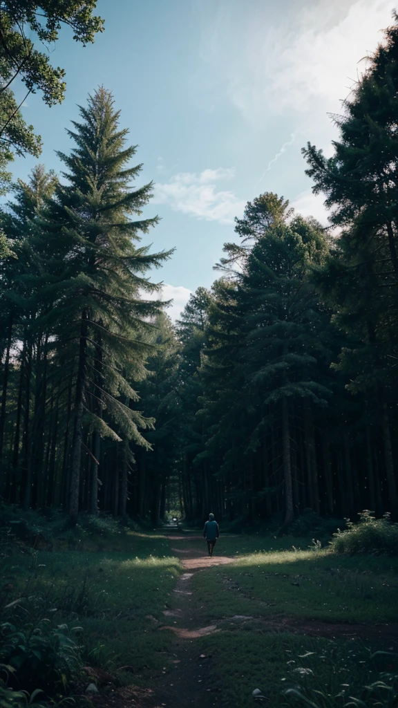 Devastated and feeling hopeless, Kai left the island and wandered into the nearby forest, 4k realistic imagery, blue scenery like a movie scene, old american setting, inspired by blade runner movie scene, blue tone, 9:16 aspect ratio