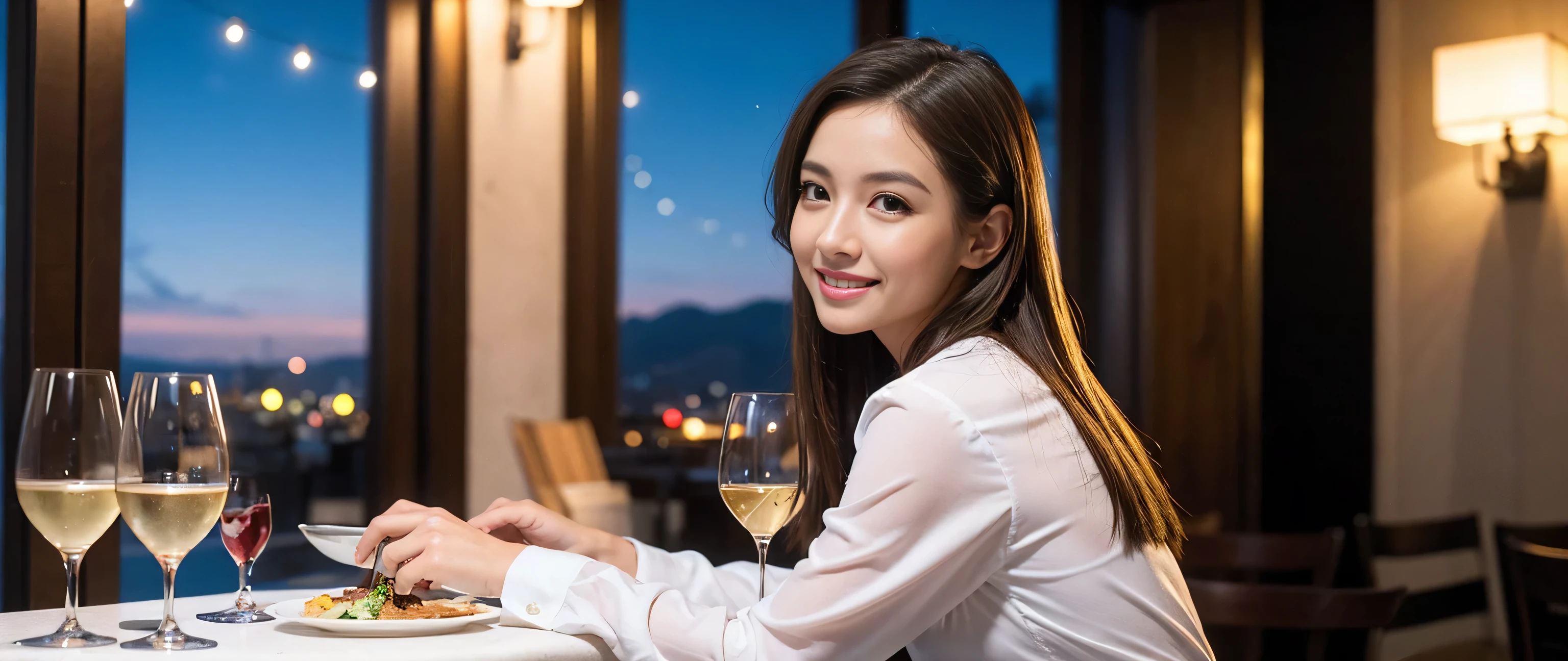 ((Highest quality、8K、masterpiece:1.3))、Sharp focus:1.2、Beautiful woman perfect body:1.4、Slim body、((Bob Hale、Straight hair:1.2))、(to be born, Highest quality, masterpiece:1.5), (Realistic, Intricate details:1.2), Wine Glass on the Table、Put the light on your face、 Amazing view of the sunset sky and clouds、Amazing mountain views、A bright smile、A lovely woman with a smile、Bright image、2. The beauty of wine, Beautiful Face, blue eyes, The light shines on your face, Blushing, short hair,Bright Face、Fox face、43 years old), 39 years old, Lady、red wine 、Appetizers、Italian food、Wine bottle、champagne、sparkling wine、Two beauties、Brown Hair、Shortcuts、Long sleeve shirt、dress、Beautiful woman 1, (Slim face), (The body is slim), (Brown Hair), (Shortcuts), cheeks turn a little red,Attractive beauty、, Out of the window, Beautiful and detailed night view.........., restaurant, In a prominent place (From the waist up) Nova Frog Style, actress, Model, Upper Body, White wine, slim, wine glass, A wine glass placed in the middle, smile, (smile: 1.15), Beautiful fine grain, Depth f/2,saturation, High Contrast, Strong light and shadow,Moist Body:1.5、3D texture、Delicate eyes、Brown Hair、The hair is very shiny、