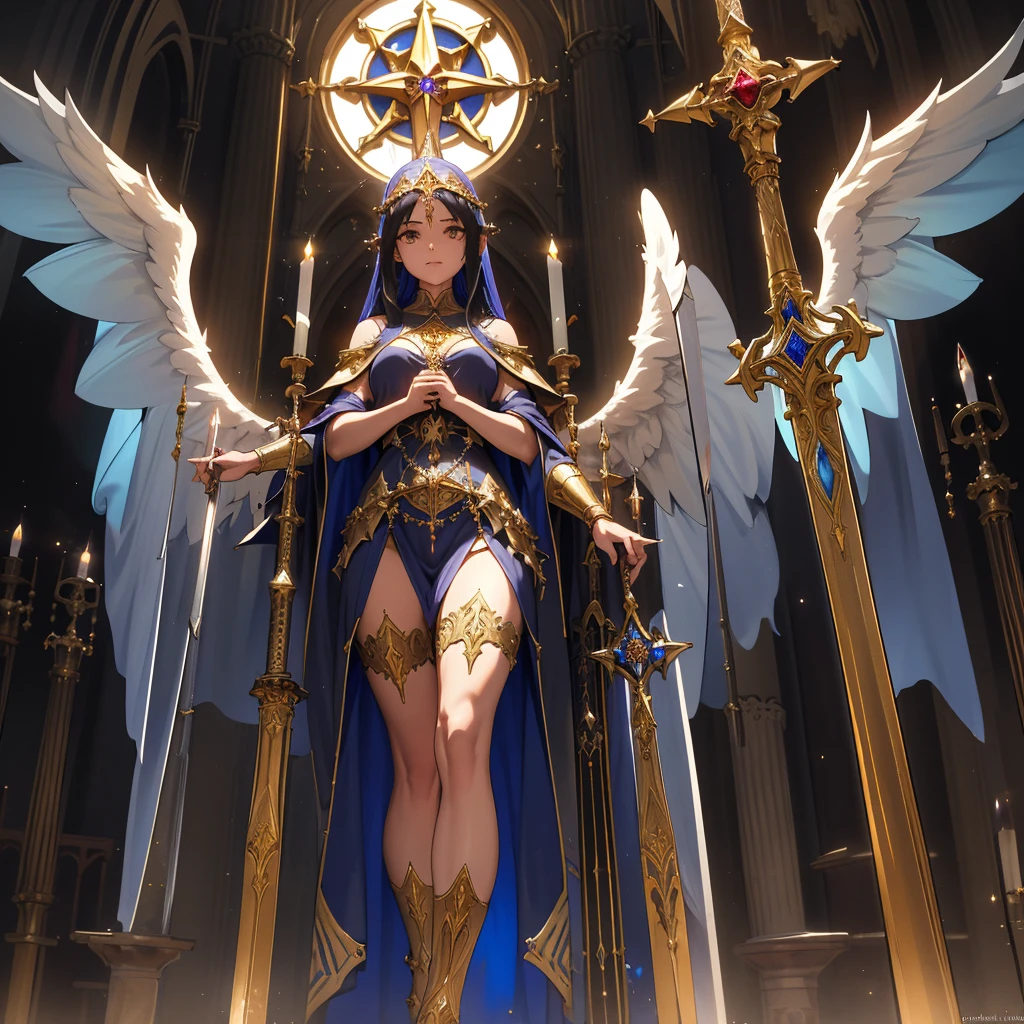 Imagine a holy weapon resting in the center of a grand, ancient cathedral bathed in golden light. This sacred sword, its blade forged from gleaming, blessed steel, radiates an aura of divine power. The hilt is adorned with intricate carvings of angels and sacred symbols, inlaid with precious gems that glisten like stars. The crossguard is shaped like outstretched wings, and the pommel holds a radiant crystal that pulses with pure, heavenly light. The cathedral is silent and reverent, with tall, stained glass windows depicting epic battles between light and darkness casting colorful patterns on the stone floor. Surrounding the sword are relics of saints, illuminated manuscripts, and altars draped in fine silk. Capture the essence of holiness and divine purpose in this medieval fantasy setting, where the sacred weapon stands as a beacon of hope and righteousness, waiting for a chosen hero to wield it in the eternal battle against evil."