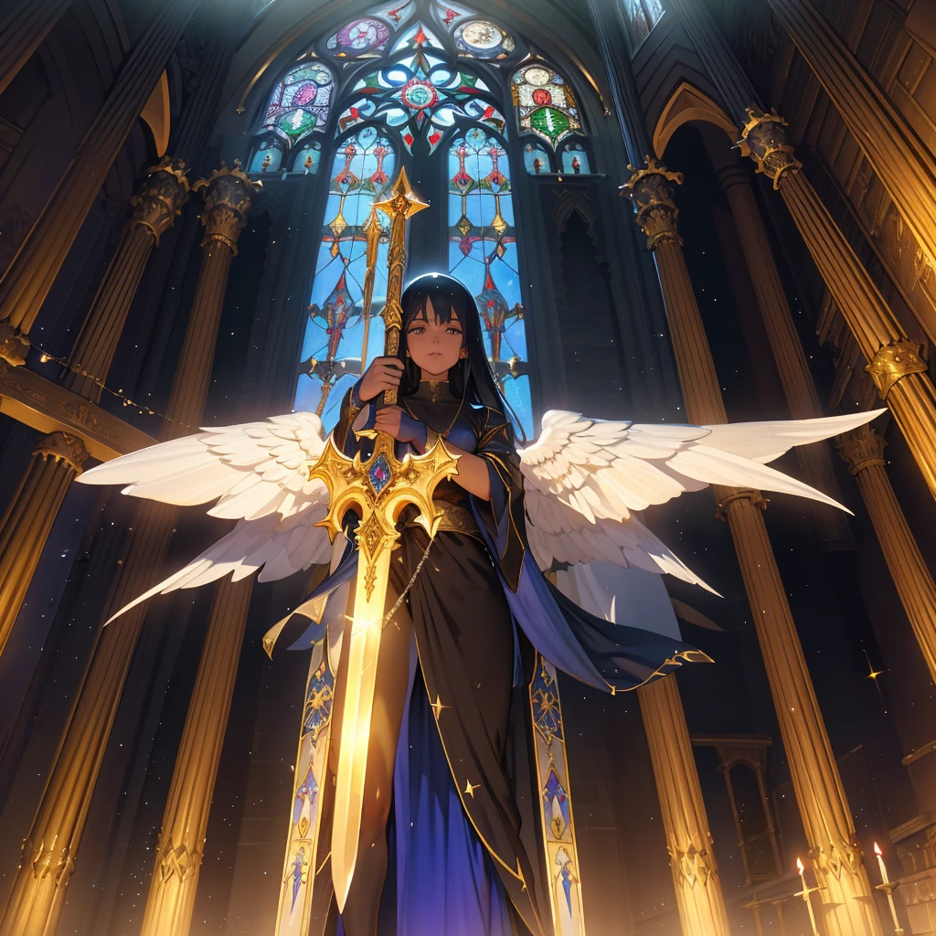 Imagine a holy weapon resting in the center of a grand, ancient cathedral bathed in golden light. This sacred sword, its blade forged from gleaming, blessed steel, radiates an aura of divine power. The hilt is adorned with intricate carvings of angels and sacred symbols, inlaid with precious gems that glisten like stars. The crossguard is shaped like outstretched wings, and the pommel holds a radiant crystal that pulses with pure, heavenly light. The cathedral is silent and reverent, with tall, stained glass windows depicting epic battles between light and darkness casting colorful patterns on the stone floor. Surrounding the sword are relics of saints, illuminated manuscripts, and altars draped in fine silk. Capture the essence of holiness and divine purpose in this medieval fantasy setting, where the sacred weapon stands as a beacon of hope and righteousness, waiting for a chosen hero to wield it in the eternal battle against evil."