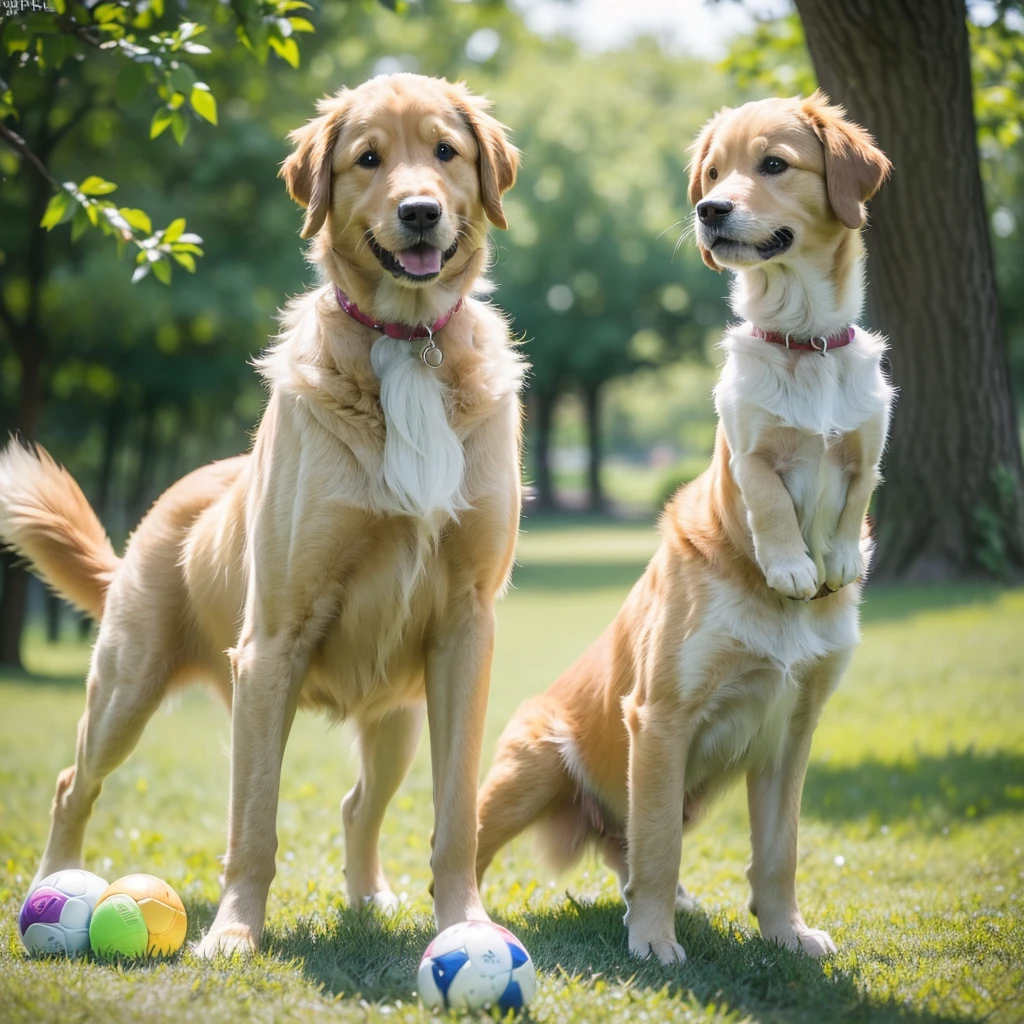 cute dog, golden retriever, dog playing with ball, adorable pet, happy expression, wagging tail, fluffy fur, outdoors, natural lighting, (best quality,4k,8k,highres,masterpiece:1.2),ultra-detailed,(realistic,photorealistic,photo-realistic:1.37),vibrant colors,shallow depth of field,natural environment