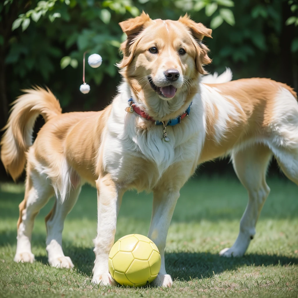 cute dog, golden retriever, dog playing with ball, adorable pet, happy expression, wagging tail, fluffy fur, outdoors, natural lighting, (best quality,4k,8k,highres,masterpiece:1.2),ultra-detailed,(realistic,photorealistic,photo-realistic:1.37),vibrant colors,shallow depth of field,natural environment