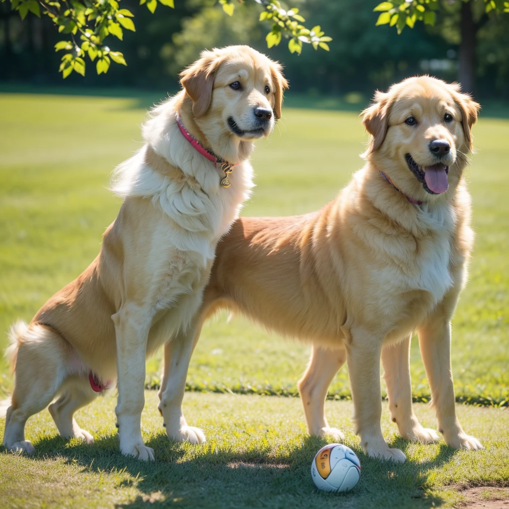 cute dog, golden retriever, dog playing with ball, adorable pet, happy expression, wagging tail, fluffy fur, outdoors, natural lighting, (best quality,4k,8k,highres,masterpiece:1.2),ultra-detailed,(realistic,photorealistic,photo-realistic:1.37),vibrant colors,shallow depth of field,natural environment