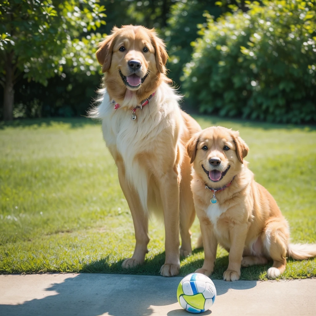 cute dog, golden retriever, dog playing with ball, adorable pet, happy expression, wagging tail, fluffy fur, outdoors, natural lighting, (best quality,4k,8k,highres,masterpiece:1.2),ultra-detailed,(realistic,photorealistic,photo-realistic:1.37),vibrant colors,shallow depth of field,natural environment