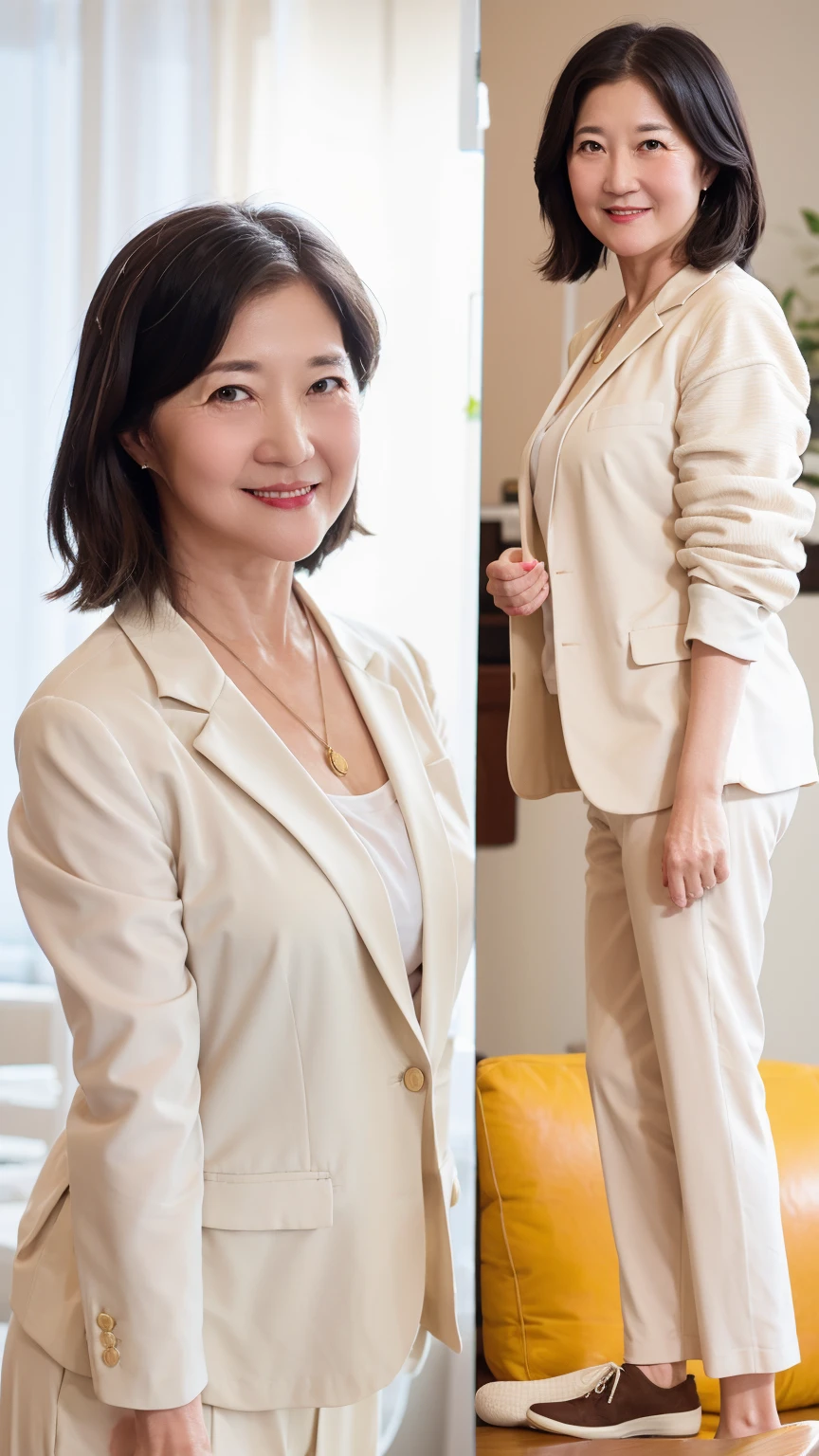60-year-old female, Soft headlight,High-density imaging,(Clean and delicate face),((White suit)),((Various dynamic poses)),((((Half-length photo)))),((White curtains in the background)),best quality,masterpiece,(Soft colors:1.2)