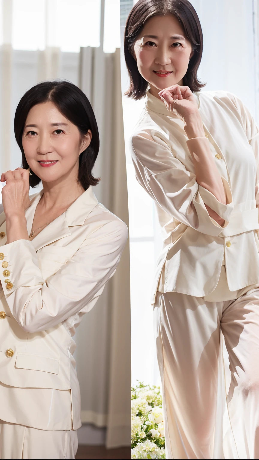 60-year-old female, Soft headlight,High-density imaging,(Clean and delicate face),((White suit)),((Various dynamic poses)),((((Half-length photo)))),((White curtains in the background)),best quality,masterpiece,(Soft colors:1.2)