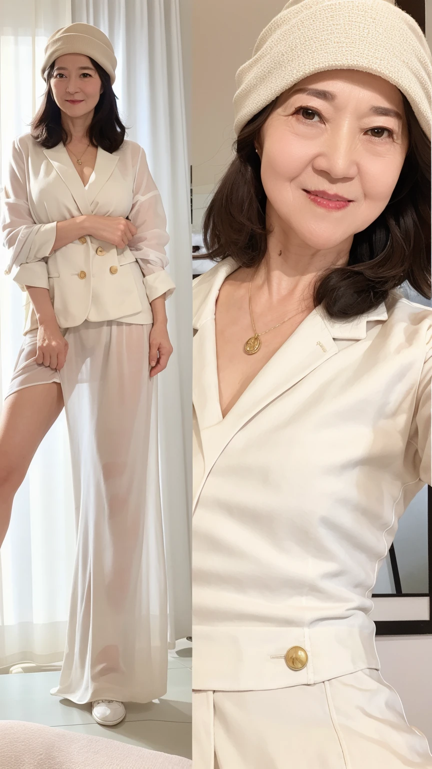 60-year-old female, Soft headlight,High-density imaging,(Clean and delicate face),((White suit)),((Various dynamic poses)),((((Half-length photo)))),((White curtains in the background)),best quality,masterpiece,(Soft colors:1.2)