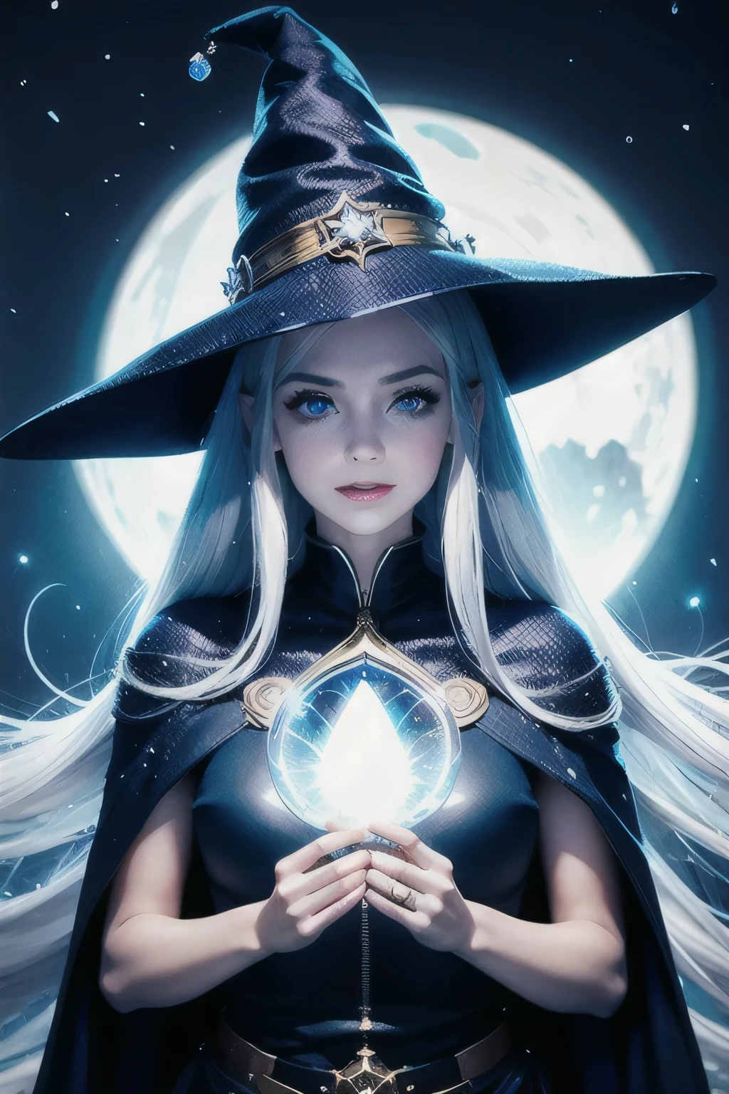 Highest quality,girl, (Elf:0.7) woman, Silver Eyes, Shiny hair with color,Beautiful Skin,
Portraiture, alone,Upper Body, Detailed Background, A light smile, witch hat, witch, With a round crystal,A fantastic atmosphere, Hair blowing in the wind, Colorful, shining magic weaves in the air, Swirling portals, (Style - Swirl Magic:0.8), Suspended particles, Backlight,