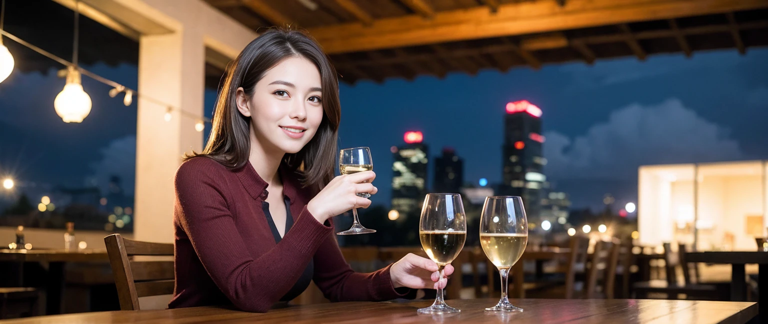 ((Highest quality、8K、masterpiece:1.3))、Sharp focus:1.2、Beautiful woman perfect body:1.4、slimなボディ、((Bob Hale、Straight hair:1.2))、(to be born, Highest quality, masterpiece:1.5), (Realistic, Intricate details:1.2), テーブルにwine glass、Put the light on your face、 Amazing view of the sunset sky and clouds、Amazing mountain views、ニコニコ明るいsmile、smileの素敵な女性、Bright image、2. The beauty of wine, Beautiful Face, blue eyes, The light shines on your face, Blushing, short hair,Bright Face、Fox face、 (43 years old), 39 years old, Lady、red wine 、Appetizers、Italian food、Wine bottle、Champagne、sparkling wine、Two beauties、Brown Hair、Shortcuts、Long sleeve shirt、dress、Beautiful woman 1, (slimな顔), (The body is slim), (Brown Hair), (Shortcuts), cheeks turn a little red,Attractive beauty、, Out of the window, Beautiful and detailed night view.........., restaurant, In a prominent place (From the waist up) Nova Frog Style, actress, model, Upper Body, White wine, slim, wine glass, 真ん中に置かれたwine glass, smile, (smile: 1.15), Beautiful fine grain, Depth f/2,saturation, High Contrast, Strong light and shadow,Moist Body:1.5、3D texture、Delicate eyes、Brown Hair、The hair is very shiny、
