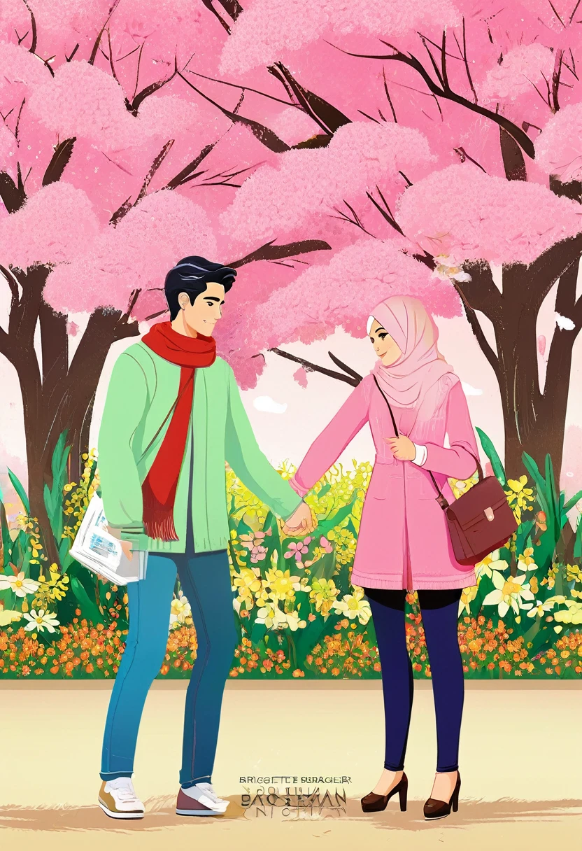 manga style, a beautiful hijab woman and a handsome man in casual clothes are holding hands in the middle of flower park, digital art, by Marshall Arisman, cover illustration, 70mm, 7 0 mm, 70 mm, book cover illustration, by Brigette Barrager, album cover, novel cover art for a book, art concept for a book cover, cover art, 7 feet tall