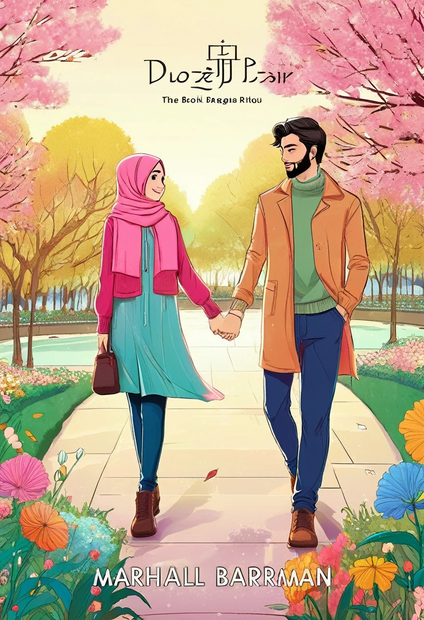 manga style, a beautiful hijab woman and a handsome man in casual clothes are holding hands in the middle of flower park, digital art, by Marshall Arisman, cover illustration, 70mm, 7 0 mm, 70 mm, book cover illustration, by Brigette Barrager, album cover, novel cover art for a book, art concept for a book cover, cover art, 7 feet tall