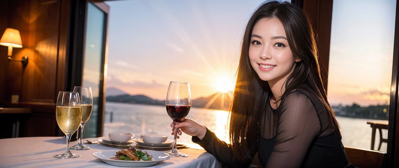 ((Highest quality、8K、masterpiece:1.3))、Sharp focus:1.2、Beautiful woman perfect body:1.4、slimなボディ、((Bob Hale、Straight hair:1.2))、(to be born, Highest quality, masterpiece:1.5), (Realistic, Intricate details:1.2), テーブルにwine glass、Put the light on your face、 Amazing view of the sunset sky and clouds、Amazing mountain views、ニコニコ明るいsmile、smileの素敵な女性、Bright image、2. The beauty of wine, Beautiful Face, blue eyes, The light shines on your face, Blushing, short hair,Bright Face、Fox face、 (43 years old), 39 years old, Lady、red wine 、Appetizers、Italian food、Wine bottle、Champagne、sparkling wine、Two beauties、Brown Hair、Shortcuts、Long sleeve shirt、dress、Beautiful woman 1, (slimな顔), (The body is slim), (Brown Hair), (Shortcuts), cheeks turn a little red,Attractive beauty、, Out of the window, Beautiful and detailed night view.........., restaurant, In a prominent place (From the waist up) Nova Frog Style, actress, model, Upper Body, White wine, slim, wine glass, 真ん中に置かれたwine glass, smile, (smile: 1.15), Beautiful fine grain, Depth f/2,saturation, High Contrast, Strong light and shadow,Moist Body:1.5、3D texture、Delicate eyes、Brown Hair、The hair is very shiny、