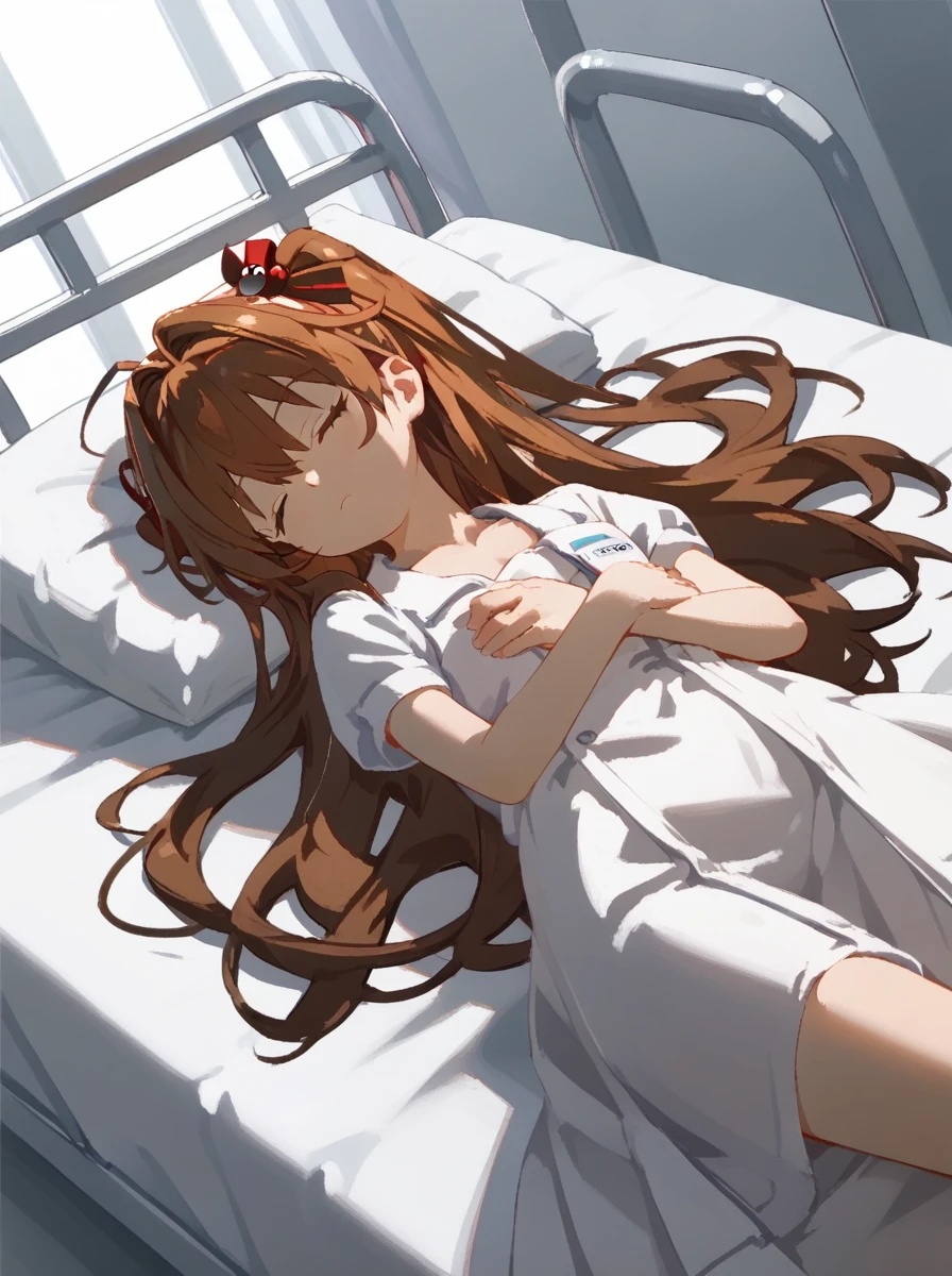 ((nude))score_9, score_8_up, score_7_up, source_anime, asukalangley, asuka langley soryu, long hair, bangs, brown hair, hair ornament, hospital gown, indoors, hospital, lying on back, sleeping, hospital bed, closed eyes, looking at viewer, dutch angle, cowboy shot,