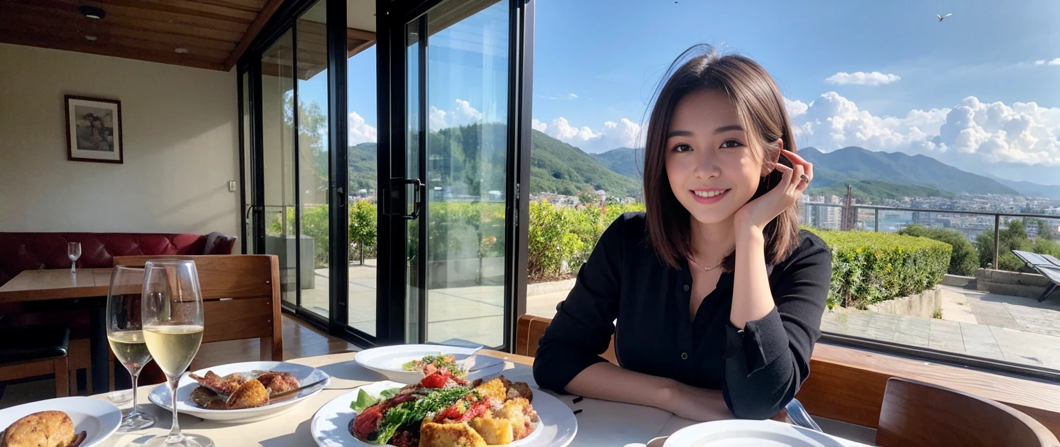 ((Highest quality、8K、masterpiece:1.3))、Sharp focus:1.2、Beautiful woman perfect body:1.4、slimなボディ、((Bob Hale、Straight hair:1.2))、(to be born, Highest quality, masterpiece:1.5), (Realistic, Intricate details:1.2), テーブルにwine glass、Put the light on your face、 Amazing view of the sunset sky and clouds、Amazing mountain views、ニコニコ明るいsmile、smileの素敵な女性、Bright image、2. The beauty of wine, Beautiful Face, blue eyes, The light shines on your face, Blushing, short hair,Bright Face、Fox face、43 years old), 39 years old, Lady、red wine 、Appetizers、Italian food、Wine bottle、Champagne、sparkling wine、Two beauties、Brown Hair、Shortcuts、Long sleeve shirt、dress、Beautiful woman 1, (slimな顔), (The body is slim), (Brown Hair), (Shortcuts), cheeks turn a little red,Attractive beauty、, Out of the window, Beautiful and detailed night view.........., restaurant, In a prominent place (From the waist up) Nova Frog Style, actress, model, Upper Body, White wine, slim, wine glass, 真ん中に置かれたwine glass, smile, (smile: 1.15), Beautiful fine grain, Depth f/2,saturation, High Contrast, Strong light and shadow,Moist Body:1.5、 texture、Delicate eyes、Brown Hair、The hair is very shiny、