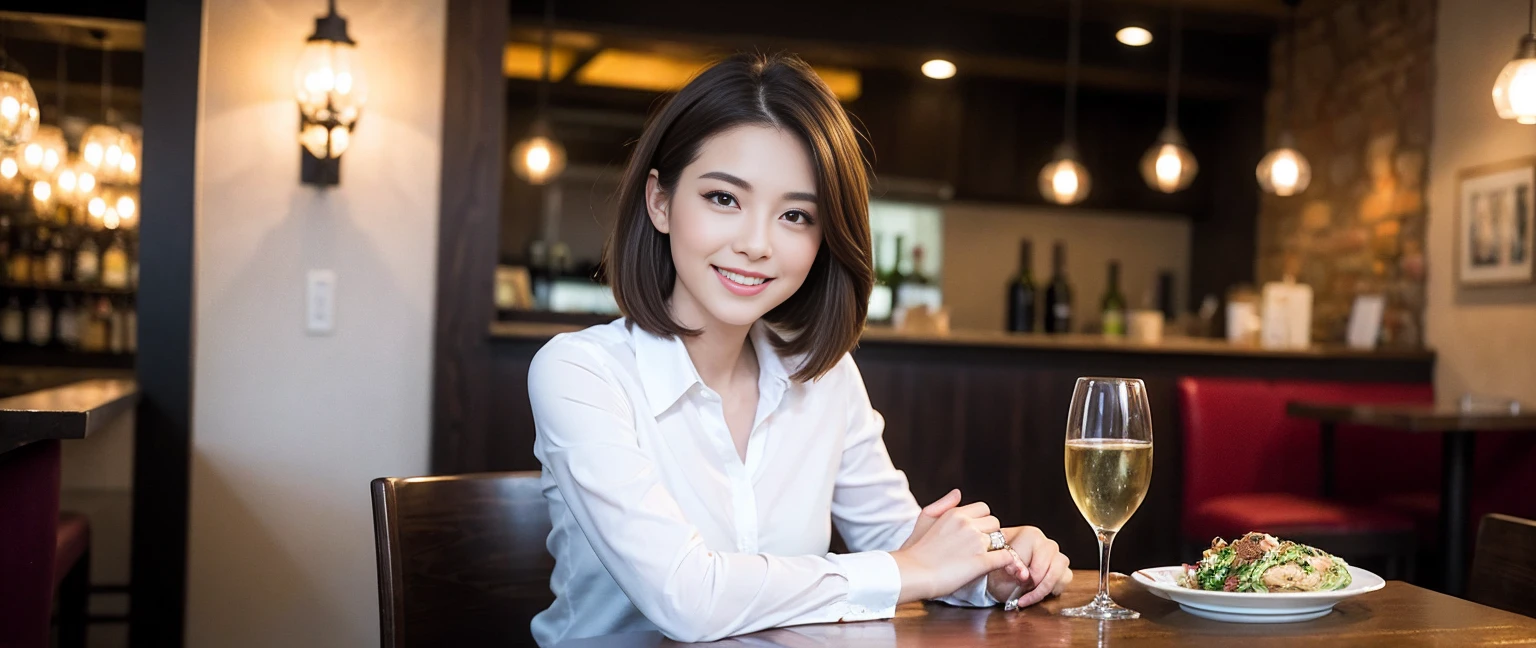 ((Highest quality、8K、masterpiece:1.3))、Sharp focus:1.2、Beautiful woman perfect body:1.4、slimなボディ、((Bob Hale、Straight hair:1.2))、(to be born, Highest quality, masterpiece:1.5), (Realistic, Intricate details:1.2), テーブルにwine glass、Put the light on your face、 Amazing view of the sunset sky and clouds、Amazing mountain views、ニコニコ明るいsmile、smileの素敵な女性、Bright image、2. The beauty of wine, Beautiful Face, blue eyes, The light shines on your face, Blushing, short hair,Bright Face、Fox face、43 years old), 39 years old, Lady、red wine 、Appetizers、Italian food、Wine bottle、Champagne、sparkling wine、Two beauties、Brown Hair、Shortcuts、Long sleeve shirt、dress、Beautiful woman 1, (slimな顔), (The body is slim), (Brown Hair), (Shortcuts), cheeks turn a little red,Attractive beauty、, Out of the window, Beautiful and detailed night view.........., restaurant, In a prominent place (From the waist up) Nova Frog Style, actress, model, Upper Body, White wine, slim, wine glass, 真ん中に置かれたwine glass, smile, (smile: 1.15), Beautiful fine grain, Depth f/2,saturation, High Contrast, Strong light and shadow,Moist Body:1.5、 texture、Delicate eyes、Brown Hair、The hair is very shiny、