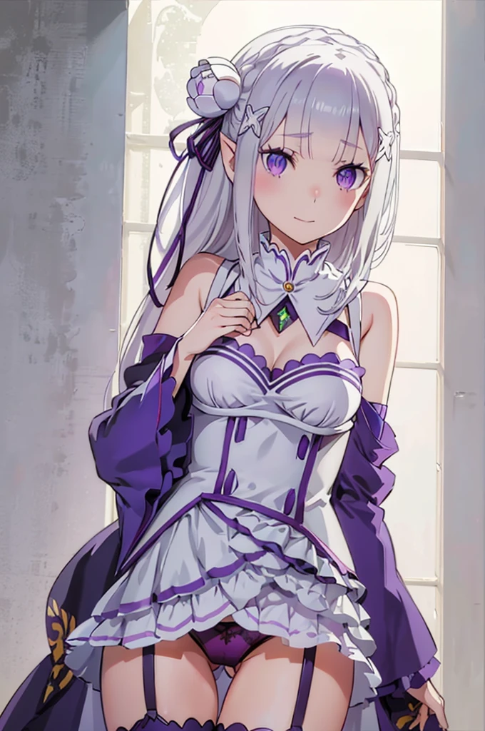 emilia,
Rezero emilia,
1girl, perfect anatomy, correct anatomy, detailed beatiful fingers,
best illustration, masterpiece, best quality, (anime screencap:0.8), (official art:0.7), detailed beautiful face and eyes, BREAK long hair, low-tied long hair, braid, crown braid, animate, anime keyvisual, white hair,
(purple eyes:1.2), (beautiful detailed eyes:1.6),
looking at viewer,
pointy ears,
BREAK smile,
pink lingerie,lace-trimmed bra, (garter belt:1.3), thighhighs, cleavage, side-tie panties,(special occasion thong panties:1.3),
,armpits,from below,
flower, hair flower, hair ornament, hair ribbon, white flower, x hair ornament,
cowboy shot ,
perfect lighting,
background of indoor, nsfw,