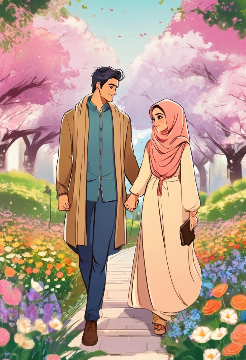 manga style, a beautiful hijab woman and a handsome man in casual clothes are holding hands in the middle of flower park, digital art, by Marshall Arisman, cover illustration, 70mm, 7 0 mm, 70 mm, book cover illustration, by Brigette Barrager, album cover, novel cover art for a book, art concept for a book cover, cover art, 7 feet tall