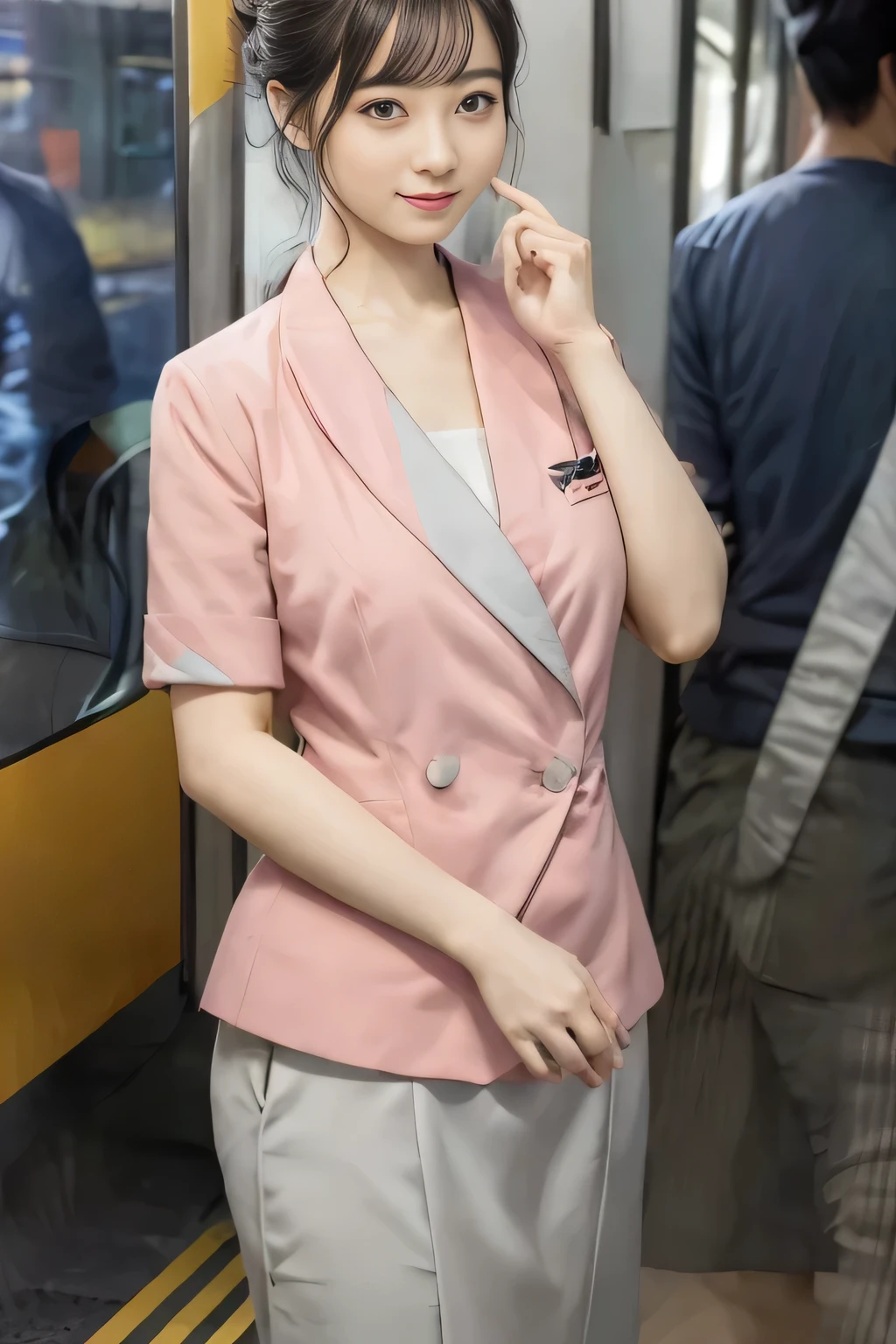 (masterpiece:1.2, Highest quality:1.2), 32k HDR, High resolution, (alone、1 girl)、（On the rooftop of a building in the daytime、Professional Lighting）、Building rooftop background、（Nankai train crew uniform pinkを着たリアルスタイル）、（Nankai train crew uniform pink short sleeve collarless pink jacket、Nankai Train Crew Uniform Pink Collarless Short Sleeve Blouse、Nankai Train Crew Uniform Pink Grey Knee-length Culottes）、（（The bottom of the pink short-sleeved jacket cannot be tucked into the clay-colored culottes.））、Dark brown hair、（Hair tied up、Hair Bun、Hair Bun）、Dark brown hair、Long Shot、Big Breasts、Thin legs、（（Great hands：2.0）），（（Harmonious body proportions：1.5）），（（Normal limbs：2.0）），（（Normal finger：2.0）），（（Delicate eyes：2.0）），（（Normal eyes：2.0））)、（Nankai Train Crew Uniform Pink Grey Knee-length Culottesを見せた美しい立ち姿）、smile