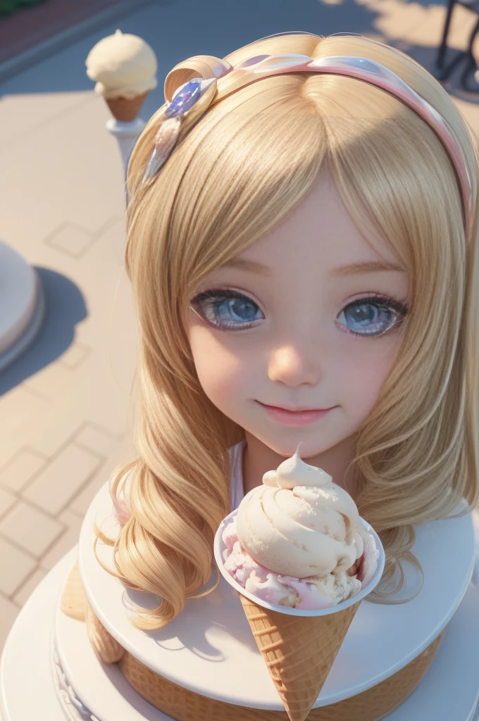 ((masterpiece)), ((Highest quality)), (Super detailed), ((cute)), cute, (Lovely), ((Little)), change, change, Dynamic Angle, city, town, Daytime, a cute girl, One girl, alone, one piece, Beautiful blonde hair, Beautiful iridescent eyes, ((Beautiful Eyes)), (Have an ice cream sundae), A light smile