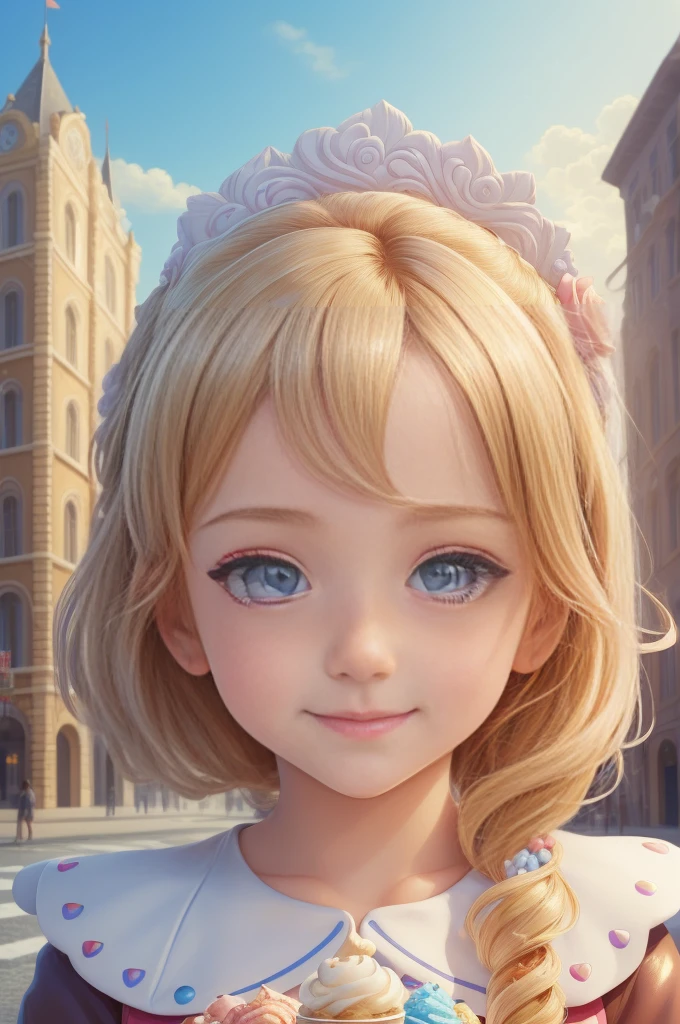 ((masterpiece)), ((Highest quality)), (Super detailed), ((cute)), cute, (Lovely), ((Little)), change, change, Dynamic Angle, city, town, Daytime, a cute girl, One girl, alone, one piece, Beautiful blonde hair, Beautiful iridescent eyes, ((Beautiful Eyes)), (Have an ice cream sundae), A light smile