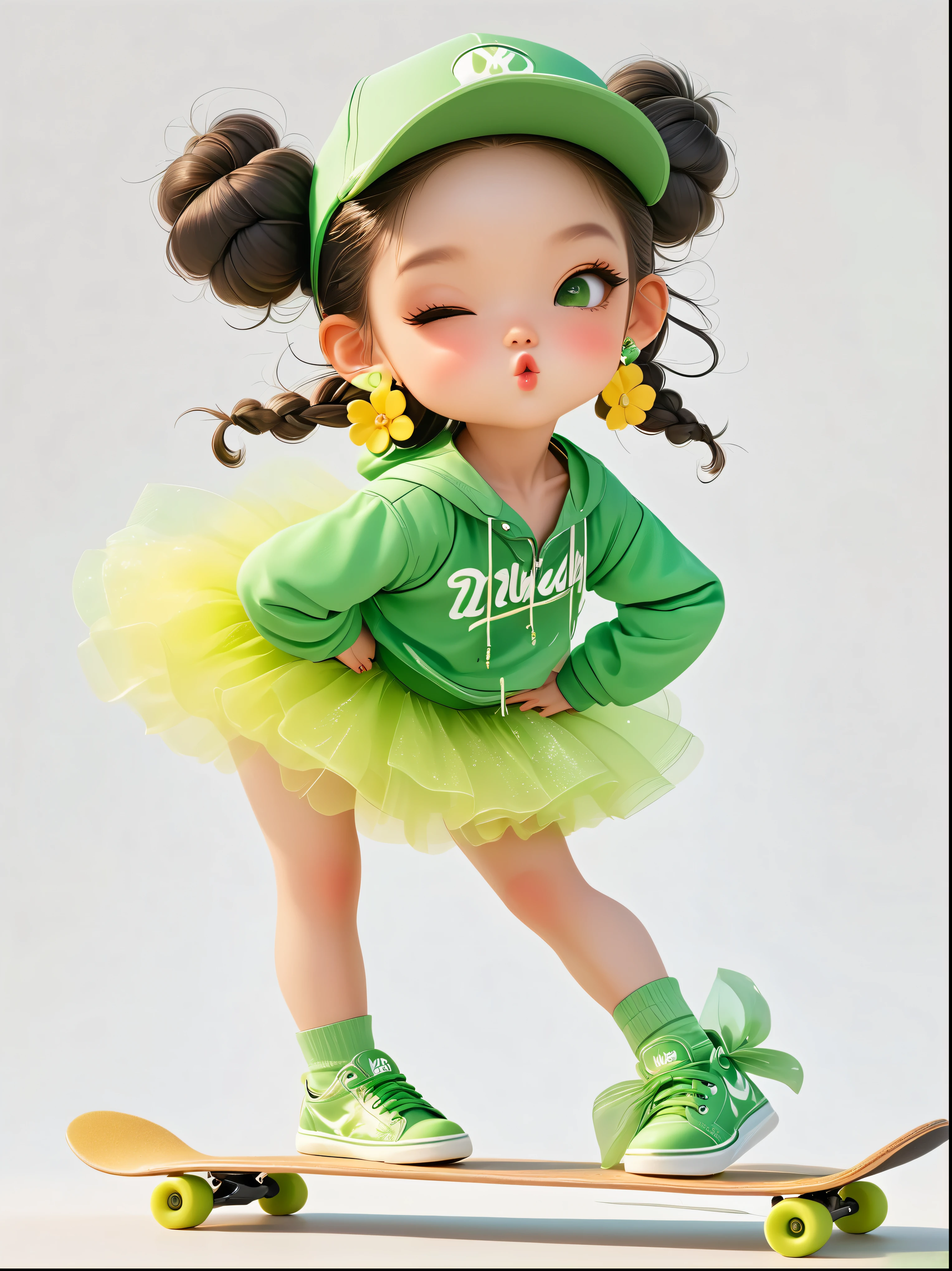 1 girl, Wearing a bright greenish-yellow baseball uniform., Tulle skirt with green sequins, green baseball cap, Double bow and flower earrings, green sneakers, adopt a playful pose, standing on a skateboard, (close one eye:1.3), green eyes, cute ears, Pouting cute little mouth, slight blush, proud, cartoon style, full body shot, plain white background, Created with C4D and Blender, Blind Box Toy Styles, super detail, anatomically correct, Masterpiece, necessary