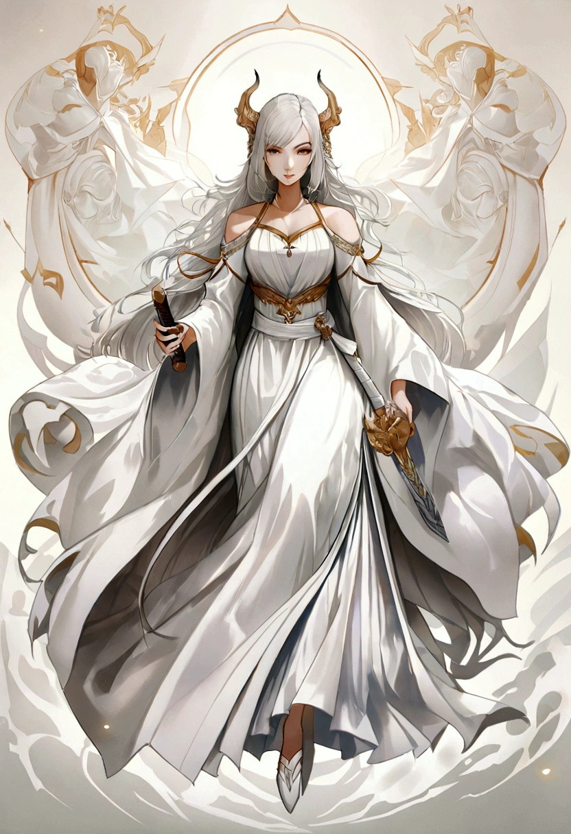 Close-up of a woman in a white dress holding a sword, Portraits by Jan J., Trending on CGSociety, Fantasy art, Beautiful character drawings, Gveiz-style artwork, Gveiz, White Hanfu, Flowing white robes, Full body martial arts, Magnificent and elaborate character art, Amazing character art, beautiful female assassin