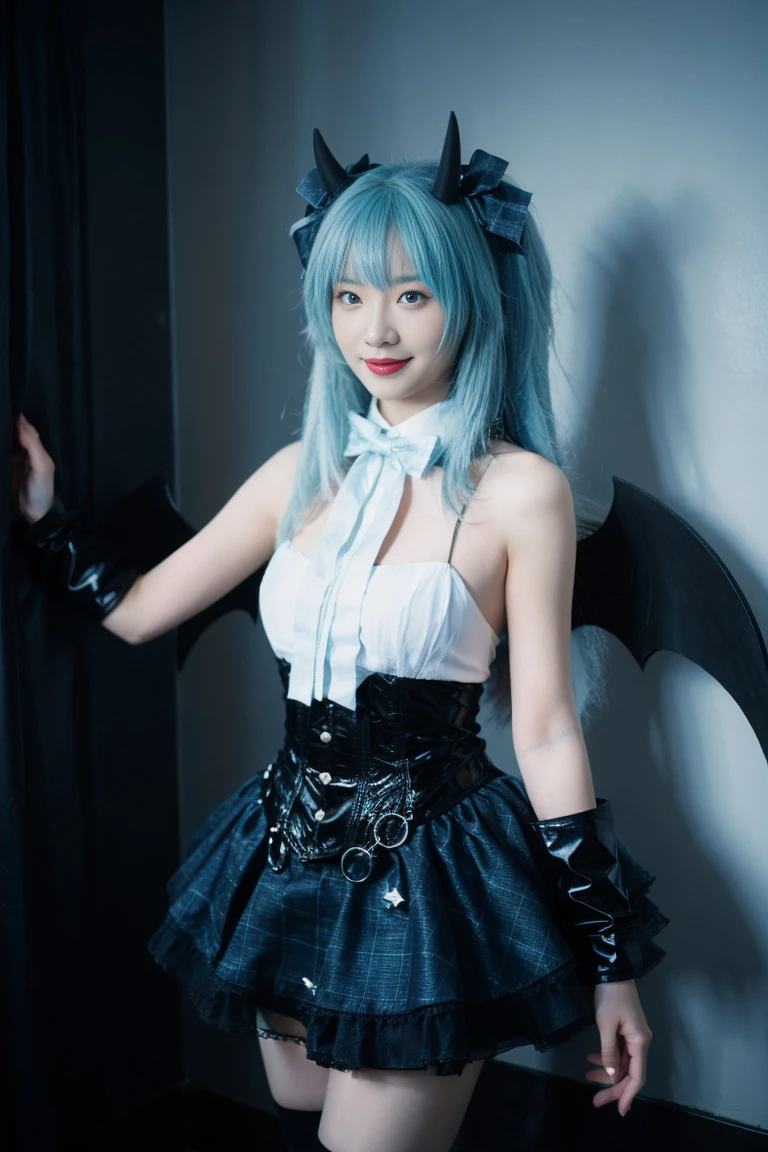 best quality, tmasterpiece,Ultra-high resolution,Clear face,（Reality：1.4），ferpect lighting，(upper body shot:1.5), (photorealistic:1.50), anime wallpaper, Guviz style artwork, cover-up fantasy up to magic , by Yang J, Guviz, beautiful artwork illustration, beautiful digital artwork, beautiful digital illustration, Li Song, beautiful anime portrait, art style in Beauvot, 1girl, 独奏, looking at viewer, smile, standing, full body, arms at side, hatsune miku cosplay costume, hatsune miku, cosplay, aqua hair, very long hair, twintails, shirt, corset, skirt, plaid skirt, detached collar, detached sleeves, arm warmers, bowtie, bow, horns, demon horns, demon wings, demon tail, ribbon, o-ring, chain, thigh strap, hair ribbon, hair bow, thighhighs, torn thighhighs, knee boots, belt boots, platform boots, Curtain background, indoor,