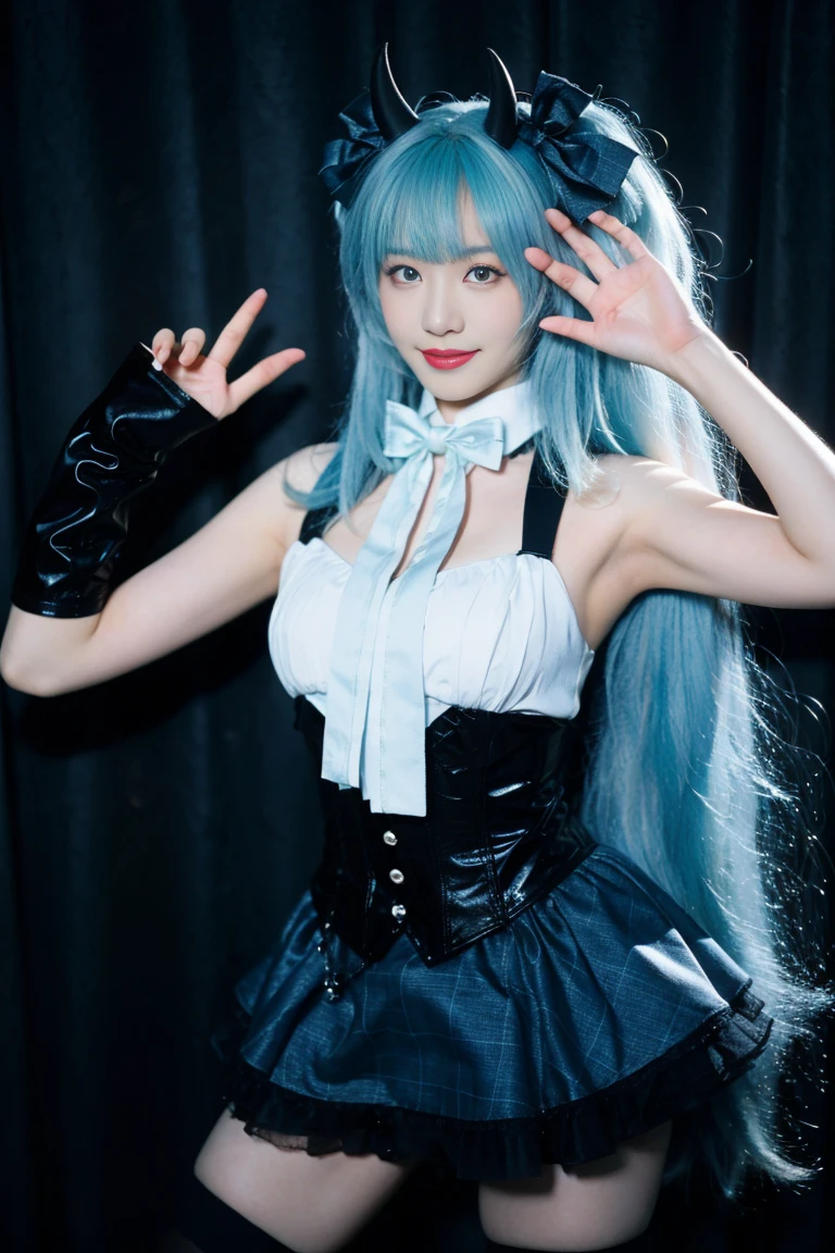 best quality, tmasterpiece,Ultra-high resolution,Clear face,(Reality:1.4),ferpect lighting,(upper body shot:1.5), (photorealistic:1.50), anime wallpaper, Guviz style artwork, cover-up fantasy up to magic , by Yang J, Guviz, beautiful artwork illustration, beautiful digital artwork, beautiful digital illustration, Li Song, beautiful anime portrait, art style in Beauvot, 1girl, 独奏, looking at viewer, smile, standing, full body, arms at side, hatsune miku cosplay costume, hatsune miku, cosplay, aqua hair, very long hair, twintails, shirt, corset, skirt, plaid skirt, detached collar, detached sleeves, arm warmers, bowtie, bow, horns, demon horns, demon wings, demon tail, ribbon, o-ring, chain, thigh strap, hair ribbon, hair bow, thighhighs, torn thighhighs, knee boots, belt boots, platform boots, Curtain background, indoor,
