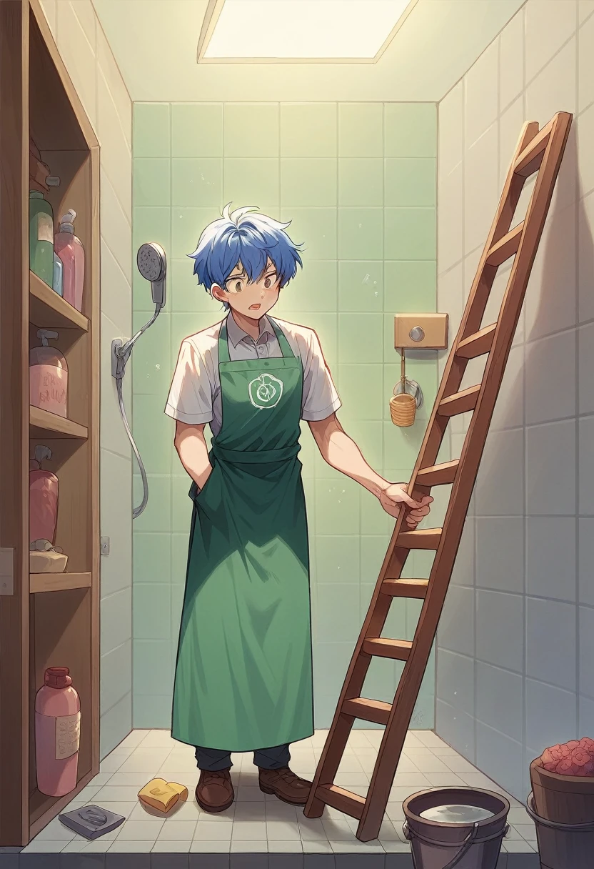 Minimalistic composition featuring a solitary diminutive demon adorned in an apron perched upon a ladder, deployed with the purpose of seasoning a colossal popcorn bucket with a shower of salt from a shaker, set against an atmospheric backdrop melding an earthy apricot palette with a hazy wash of rose-pink tones, invoking the soft luminosity reminiscent of an Esao Andrews piece, the