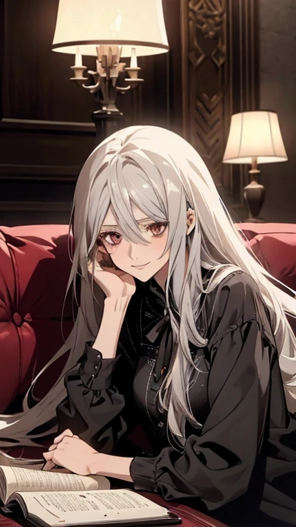 (Confused, High resolution, Very detailed), 1 female, Silver Hair,Long Hair,Reddish brown eyes,blouse,Jacket,,24th generation,beauty,mature,thin,quiet,Calm,talk,sofa,Book,A small, shy smile,Shy