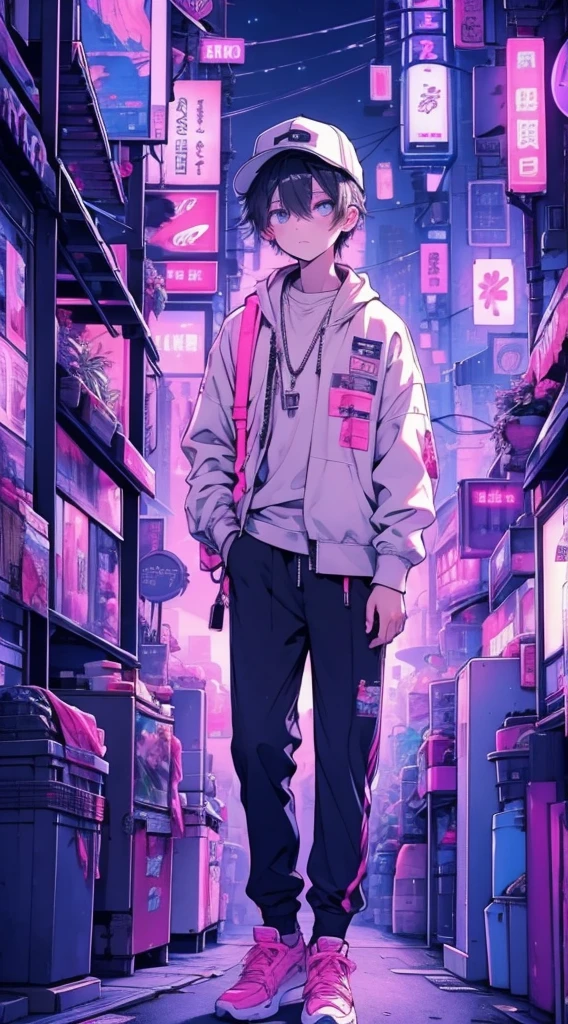 7Boy、Fashionable clothes、Beige clothes、Futuristic cityscape、night、Neon Light