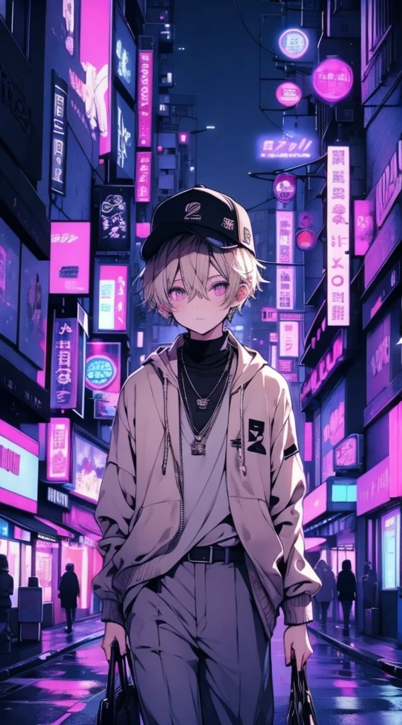 ７Boy、Fashionable clothes、Beige clothes、Futuristic cityscape、night、Neon Light