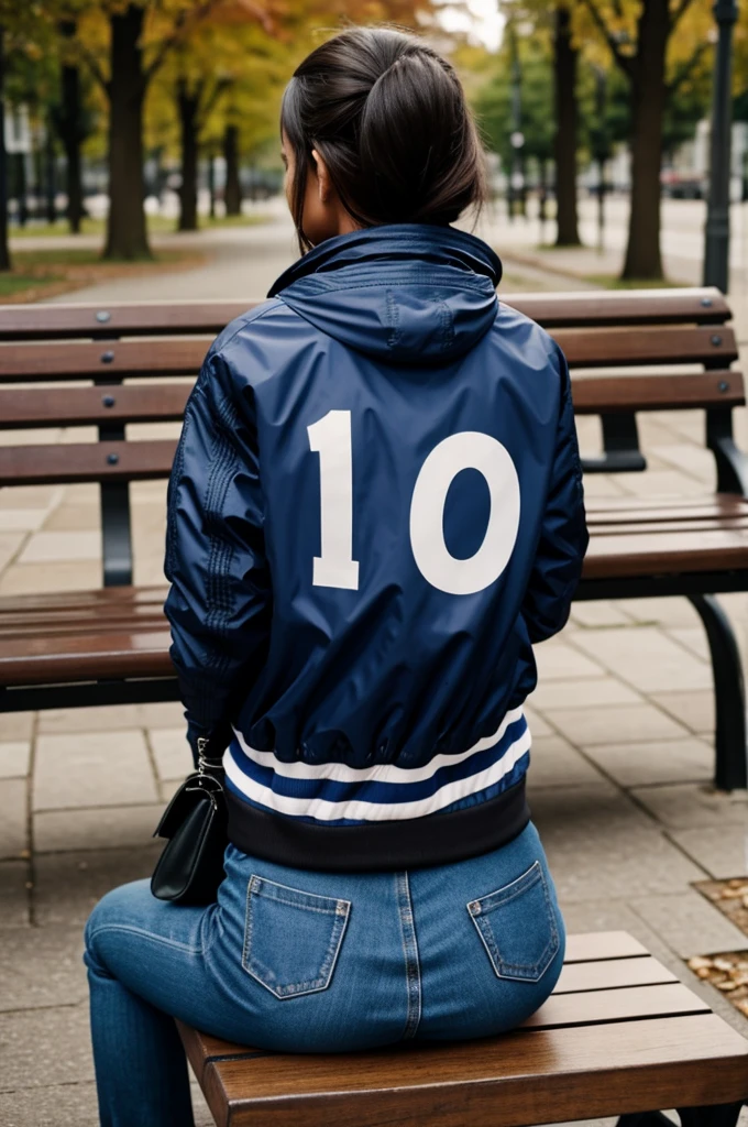 Girl wearing a jacket with the number 10 sitting on a bench with her back turned